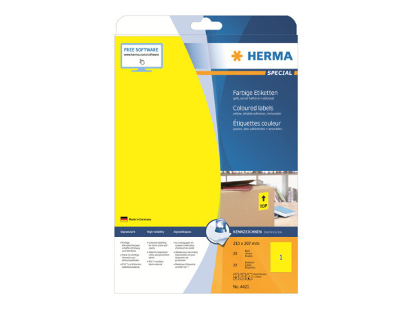 HERMA Etiketten A4 gelb 210x297 mm Papier matt 20 St.