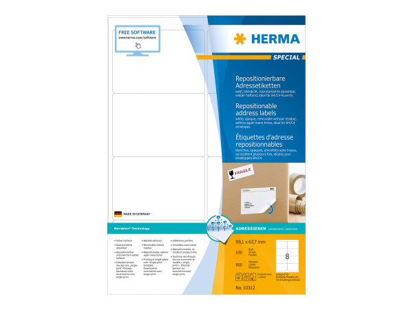 HERMA Adressetiketten A4 wei? 99,1x67,7 mm opak 800 St.