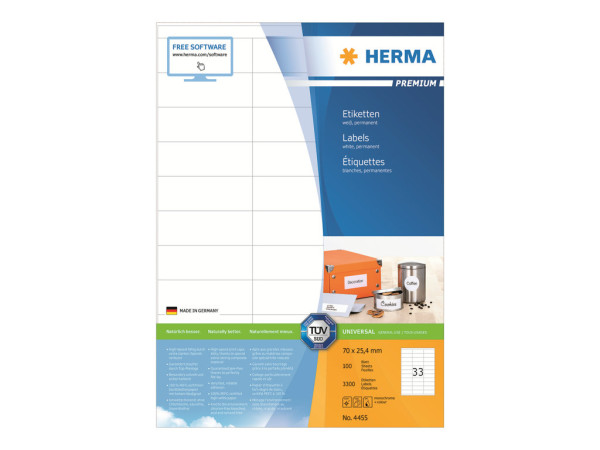 HERMA Etiketten Premium A4 wei? 70x25,4 mm Papier 3300 St.