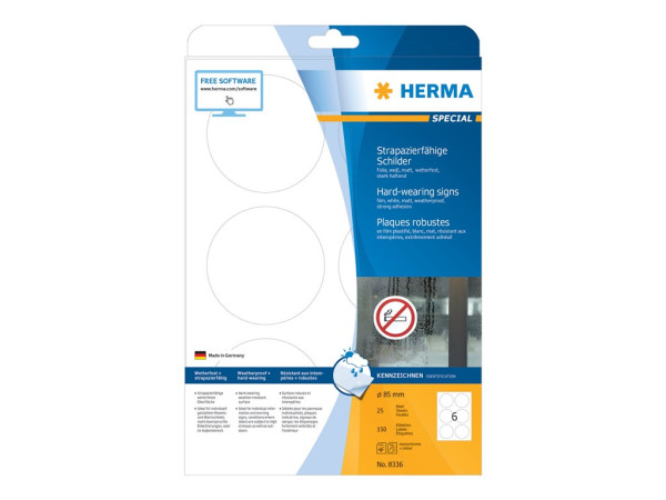 HERMA Schilder strapaz. A4 85 mm rund wei? Folie 150 St.