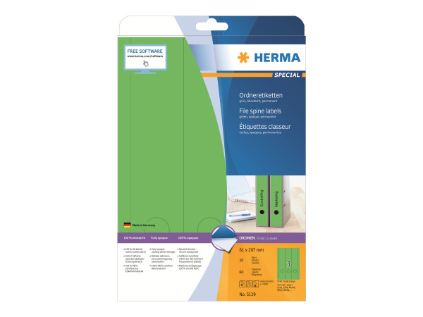 HERMA Ordneretiketten A4 gr?n 61x297 mm Papier opak 60 St.