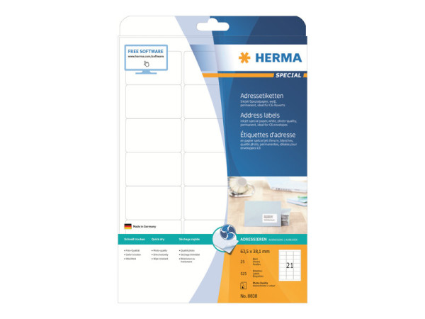 HERMA Inkjet Adressetik. A4 wei? 63,5x38,1 mm Papier 525 St.