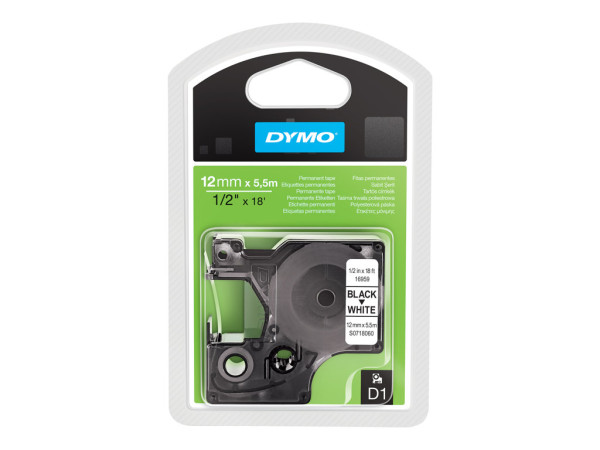 Dymo D1-Polyesterband bk/wh 12mmx5,5m schwarz, 12mm