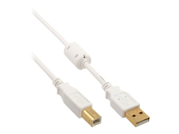 InLine USB 2.0 Kabel, A an B, 3m, weiß/gold, mit Ferritkern