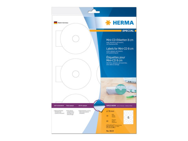 HERMA CD-Etiketten Mini A4 wei? 78 mm Papier opak 60 St.