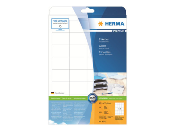 HERMA Etiketten Premium A4 wei? 48,3x33,8 mm Papier 800 St.
